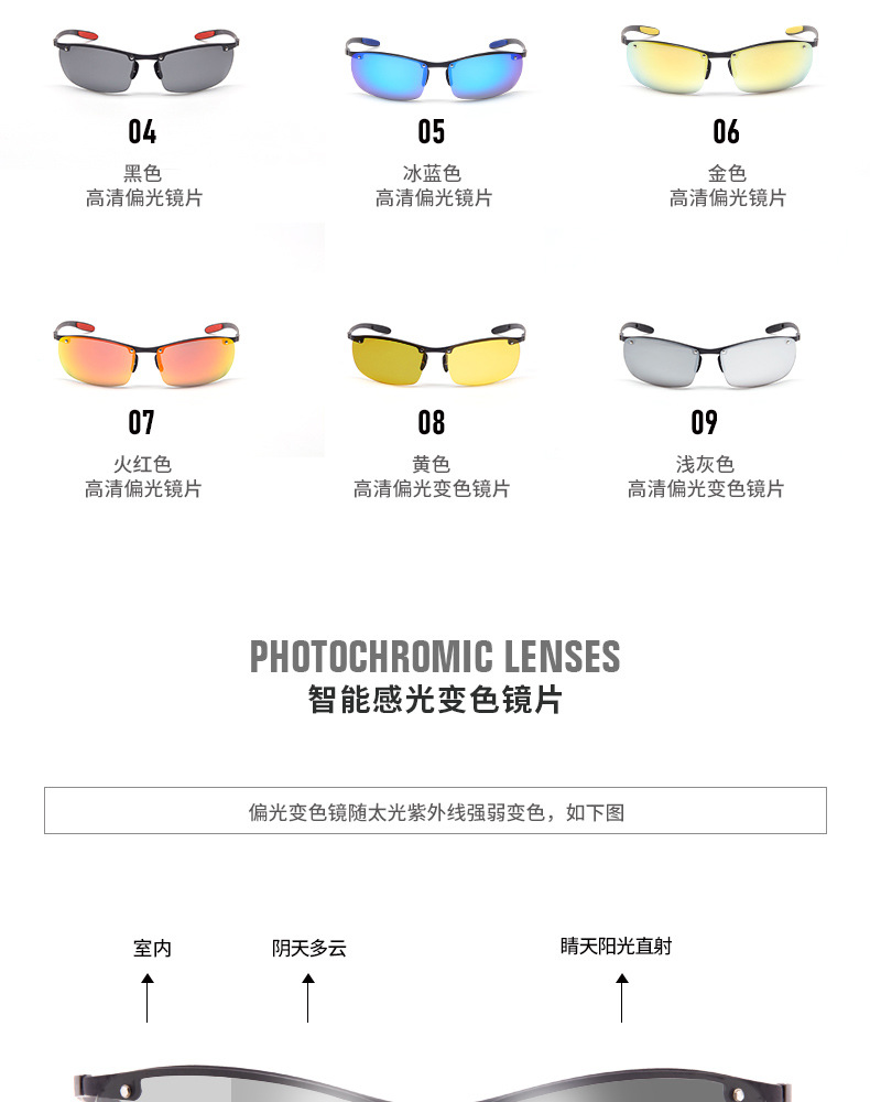 碳纤维偏光变色太阳眼镜，时尚休闲运动眼镜，钓鱼眼镜，驾驶眼镜示例图34