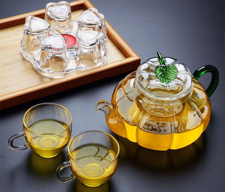 精品玻璃茶具 绿叶三件式玻璃壶 耐高温南瓜壶示例图4