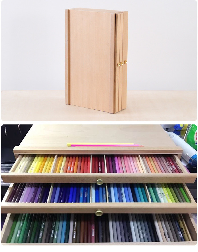 木制3层彩色铅笔收纳画盒 画笔颜料素描盒 铅笔实木多层收纳箱示例图30