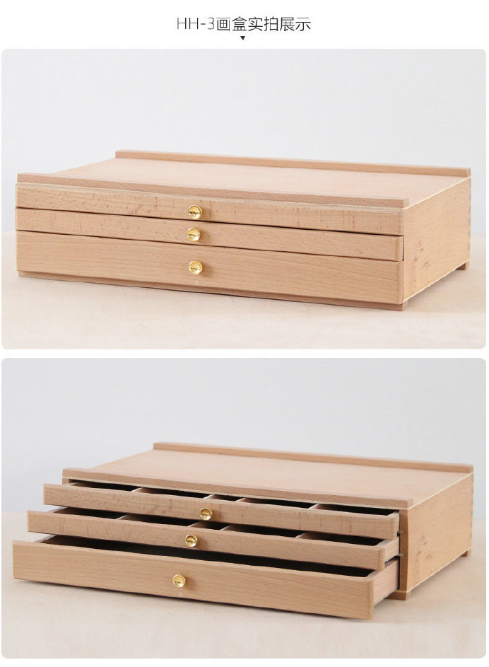 木制3层彩色铅笔收纳画盒 画笔颜料素描盒 铅笔实木多层收纳箱示例图29