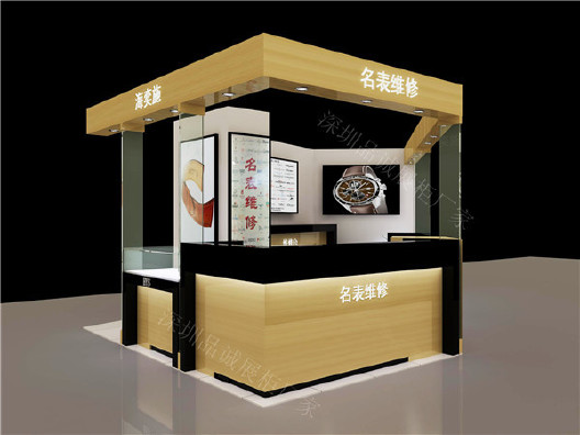 中高端名表维修柜台设计制作 商场木质贴木纹玻璃展示柜示例图4