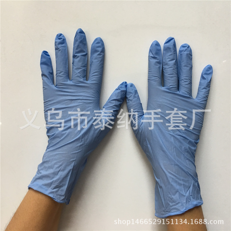 厂家批发包邮9寸无粉耐磨丁晴手套 蓝色防滑防油防静电实验室手套示例图5