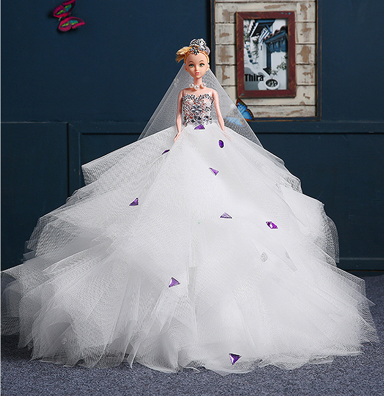 芭比娃娃婚纱 婚庆白色搪胶娃娃婚纱摆件 儿童玩具洋娃娃婚纱礼服示例图18