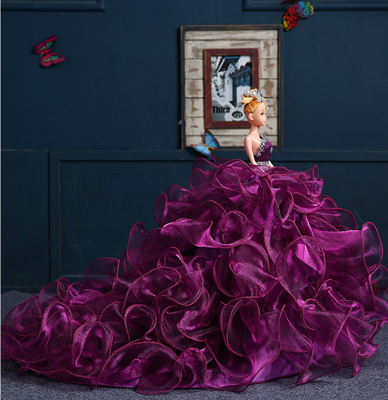 芭比娃娃婚纱裙  紫色多层次长拖尾蓬蓬裙  聚酯纤维婚纱用料裙示例图18