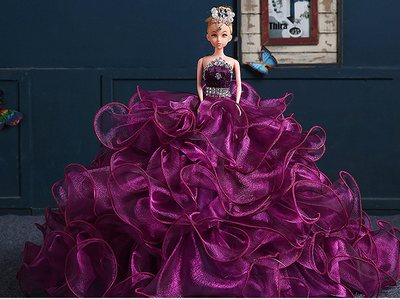 芭比娃娃婚纱裙  紫色多层次长拖尾蓬蓬裙  聚酯纤维婚纱用料裙示例图15