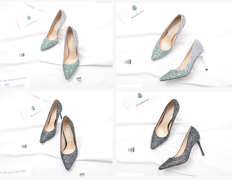 slatamocartey2018新款银色渐变亮片中跟单鞋性感新娘水晶婚鞋示例图5