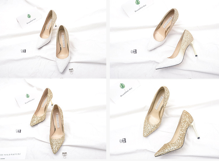 slatamocartey2018新款银色渐变亮片中跟单鞋性感新娘水晶婚鞋示例图4