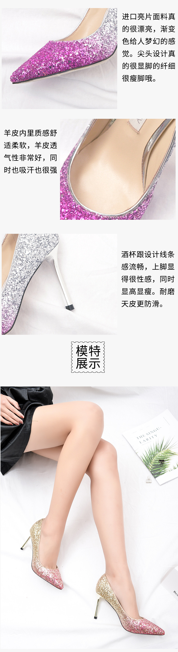 slatamocartey2018新款银色渐变亮片中跟单鞋性感新娘水晶婚鞋示例图2