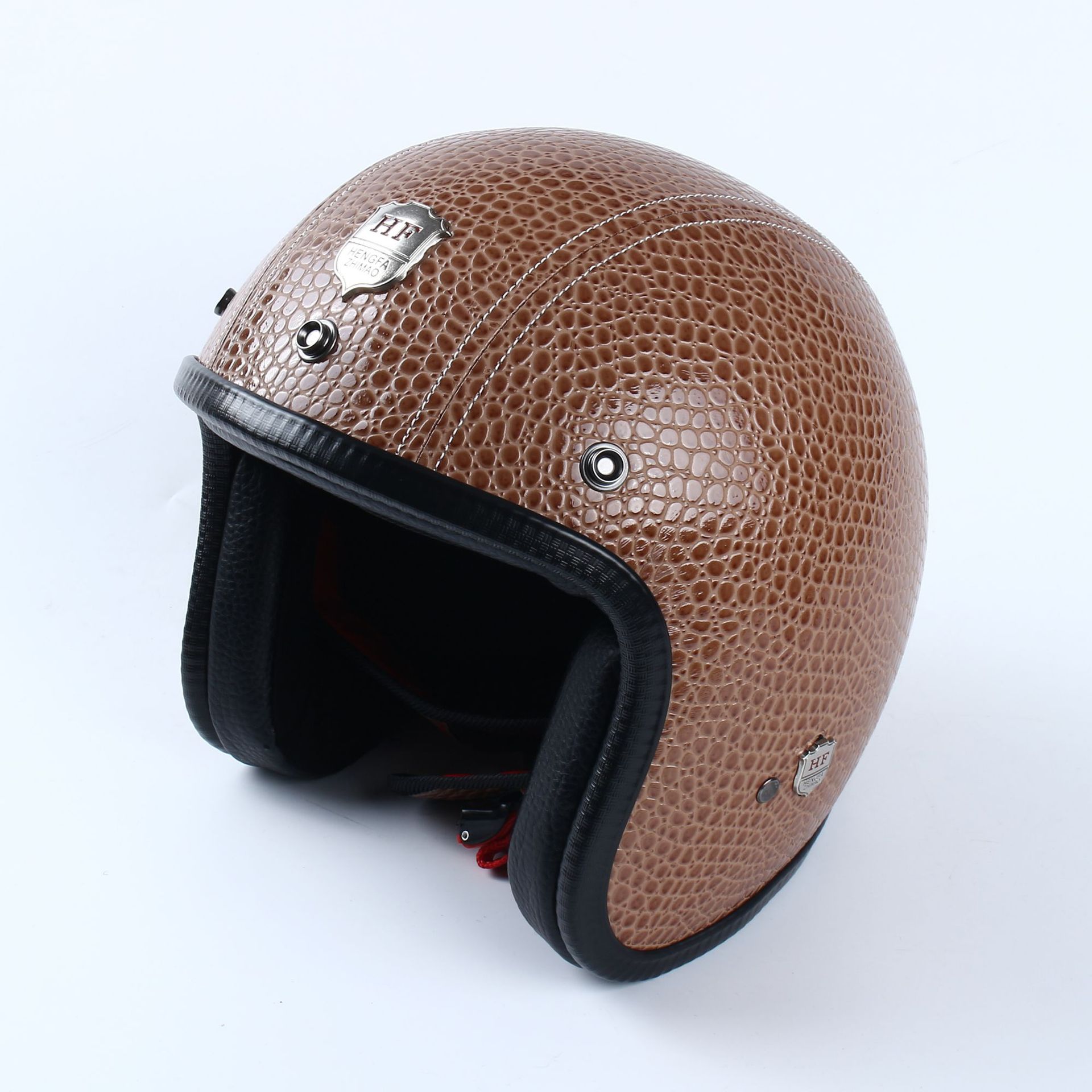 厂家手工包皮哈雷复古摩托车头盔皮盔 男女通用电动车骑行安全帽示例图5