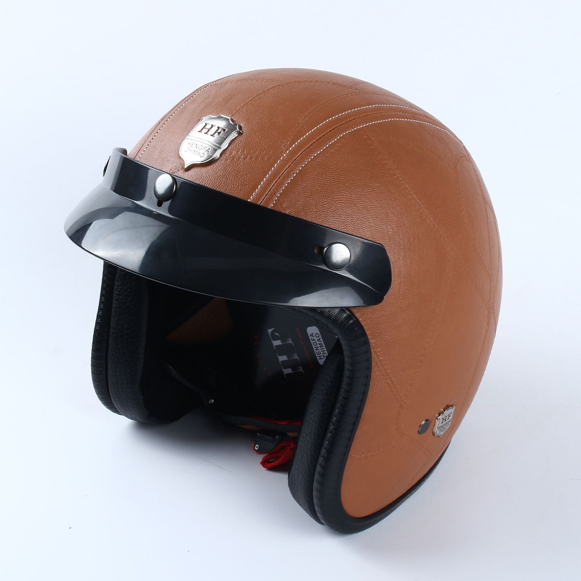 厂家手工包皮哈雷复古摩托车头盔皮盔 男女通用电动车骑行安全帽示例图6