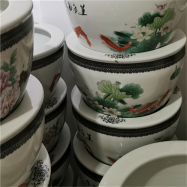 景德镇陶瓷鱼缸价格 水浅手绘荷花风水缸供应 亮丽陶瓷