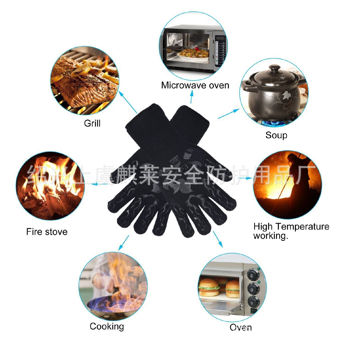出口耐高温500度BBQ阻燃防滑多功能烧烤隔热手套，微波炉烤箱手套示例图5