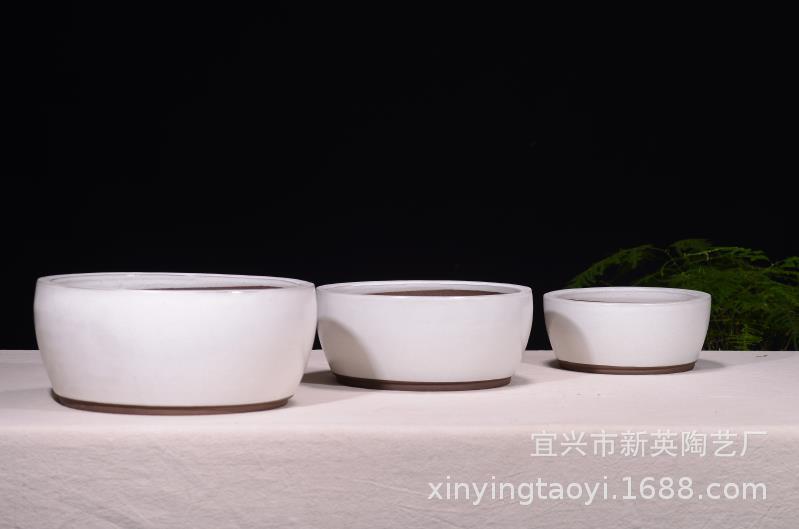 宜兴紫砂花盆 出口创意白色上釉陶瓷多肉花盆 三件套圆盆景盆示例图43