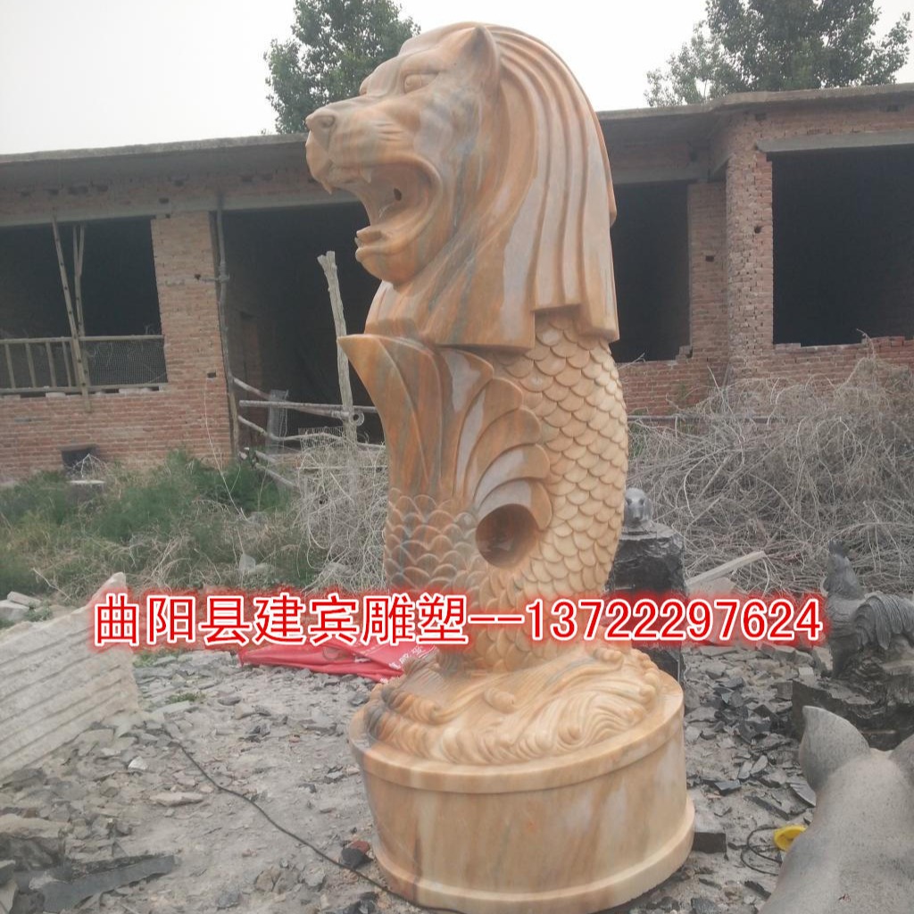 喷泉水景 鱼狮雕塑图片 石雕鱼尾狮厂家 狮头鱼身石喷泉价格1