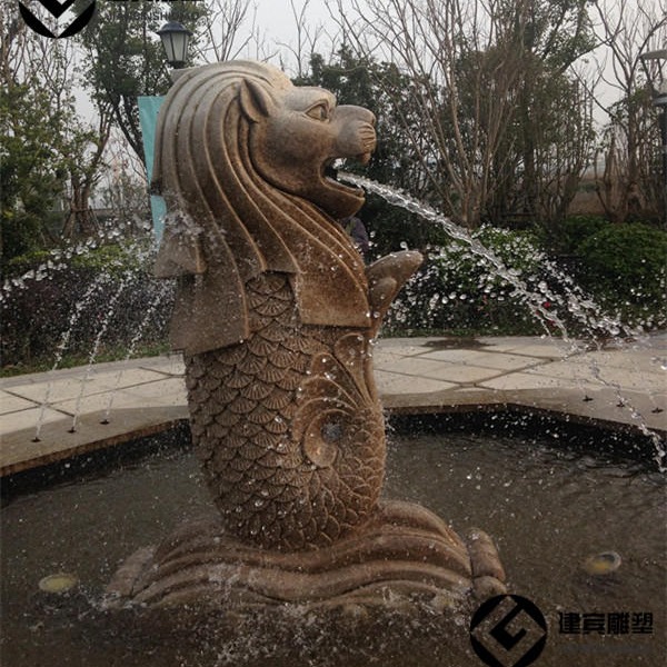 喷泉水景 鱼狮雕塑图片 石雕鱼尾狮厂家 狮头鱼身石喷泉价格