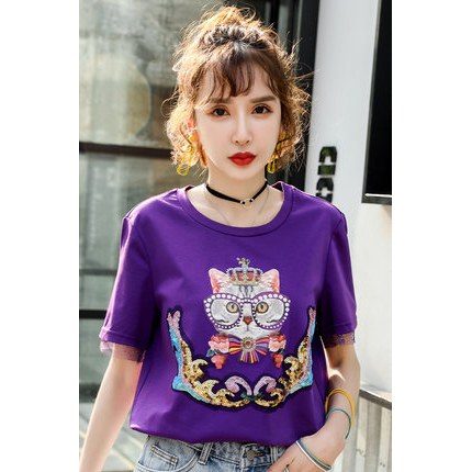 品牌女装折扣紫色t恤韩版显瘦T恤趣味印花图案上衣分份批发2