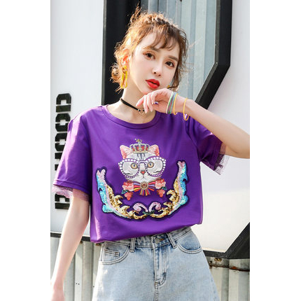 品牌女装折扣紫色t恤韩版显瘦T恤趣味印花图案上衣分份批发3