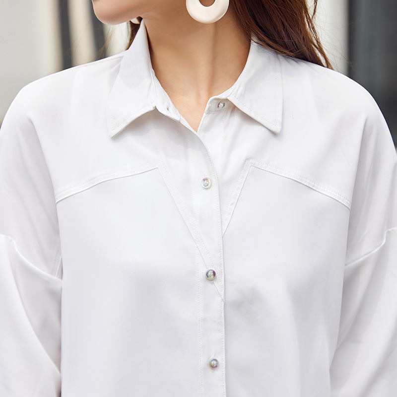 白色衬衫夏 休闲纯色拼接 2019新款女装 翻领长袖衬衫 长款防晒衣 上衣5