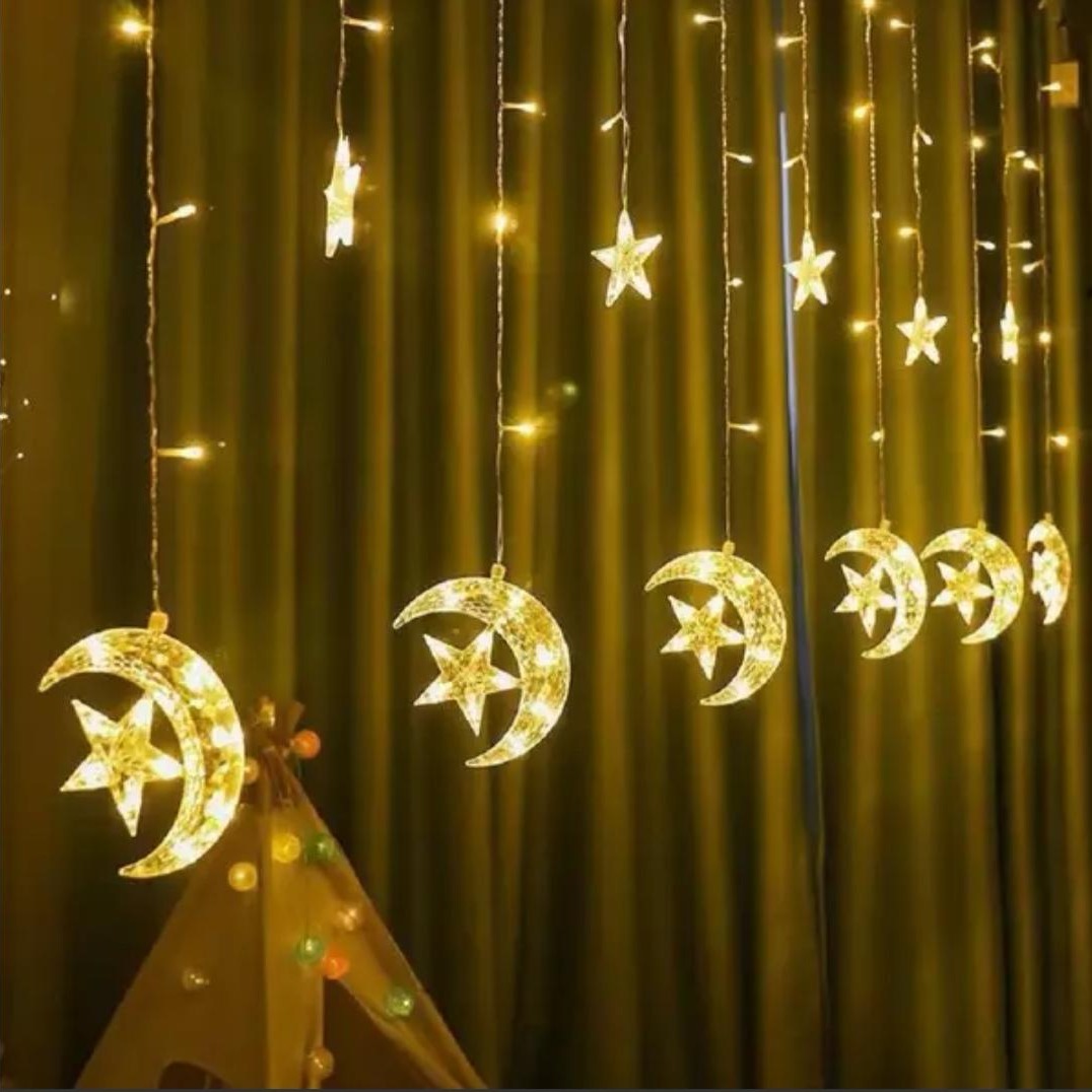 新款LED月亮抱星星窗帘灯串 厂家批发 圣诞节日婚庆酒吧卧室客厅装饰彩灯 插电款