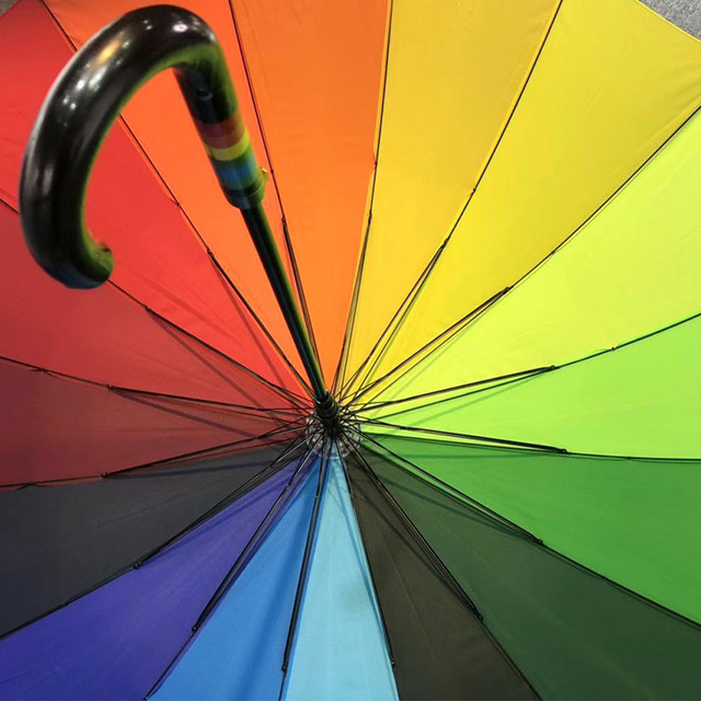 直销自动直杆雨伞 广告伞定制可印logo 弯柄直杆16骨彩虹伞2
