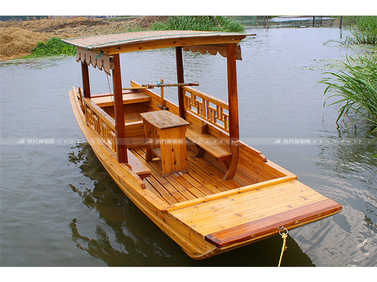 旅游观光带亭子木船 仿古中式木质单亭船 电动旅游观光木船4