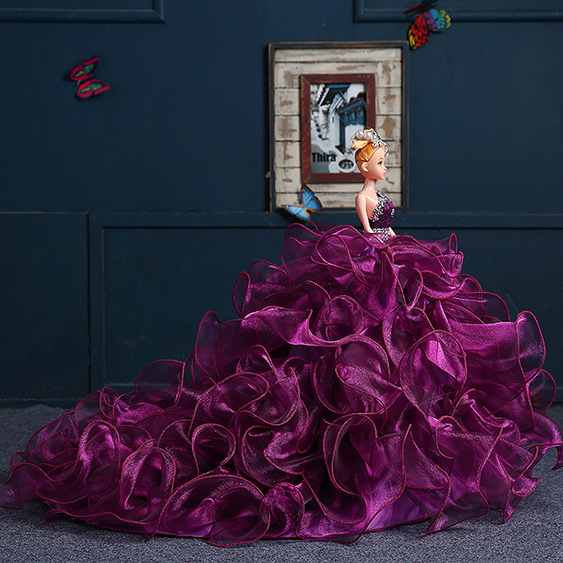 聚酯纤维婚纱用料裙 紫色多层次长拖尾蓬蓬裙 芭比娃娃婚纱裙3