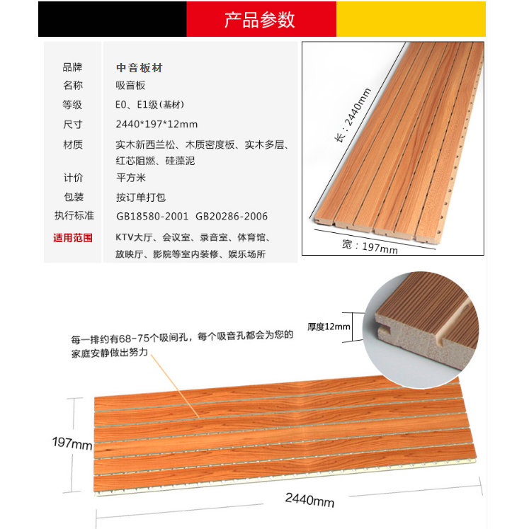 隔音、吸声材料 木质吸音板 红芯木 12mm厚 中音隔音7