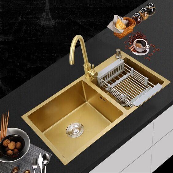 纳米土豪金 厨房用洗菜盆 洗碗盆 不锈钢手工水槽双槽3