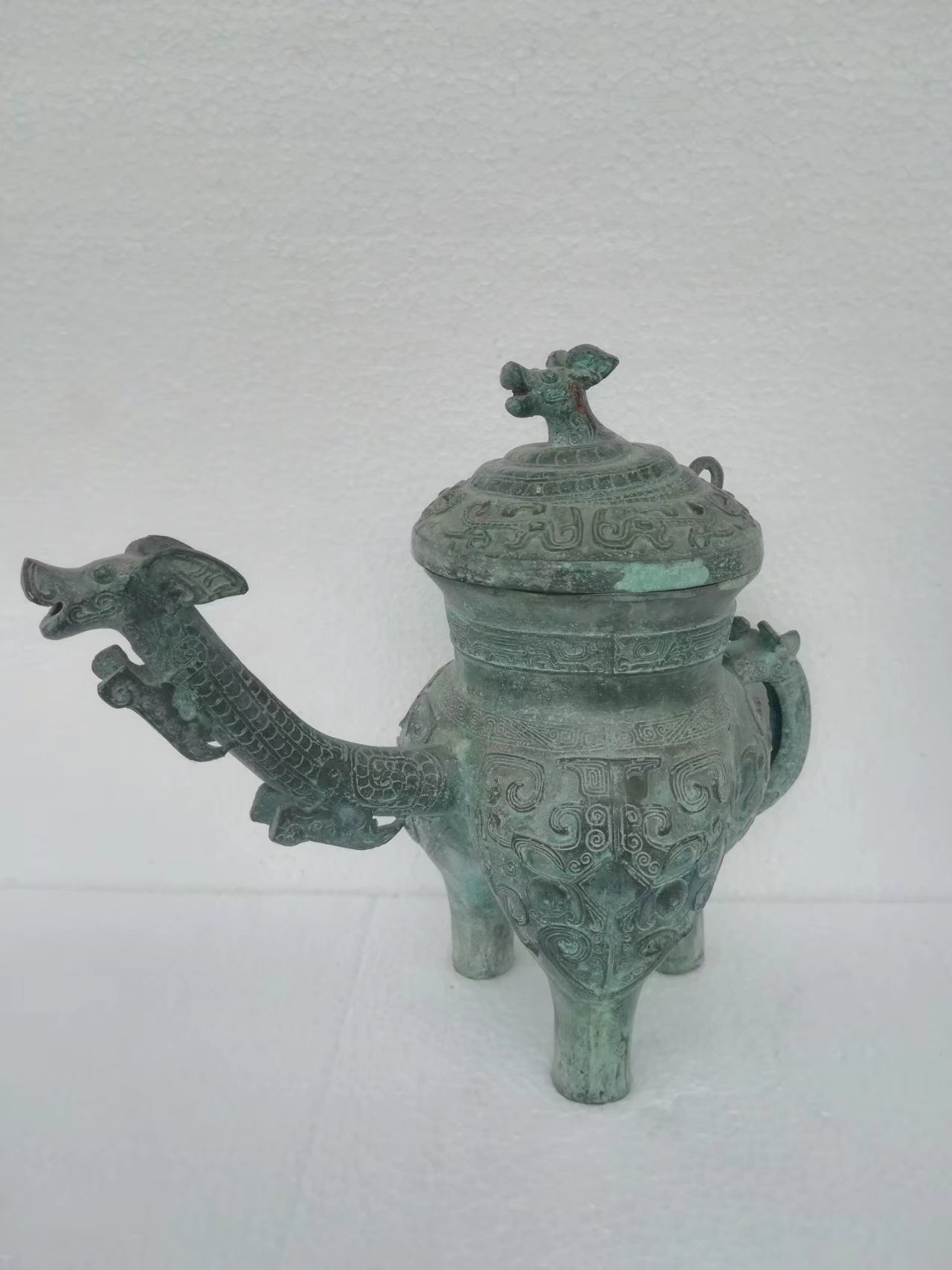 兽面纹龙流盉它盉凤盖盉青铜器古玩收藏品 金属工艺品4
