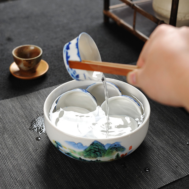 青花瓷茶洗陶瓷小号白瓷水洗碗盆栽功夫茶具茶道配件大号杯洗笔洗