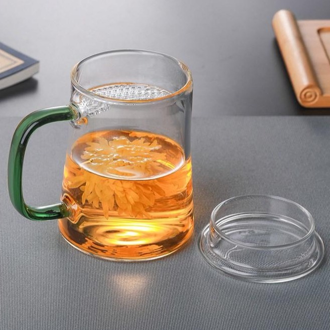 可过滤品茶杯 加厚手工玻璃月杯牙杯 高硼硅带盖透明水杯 家用带把彩把茶杯6