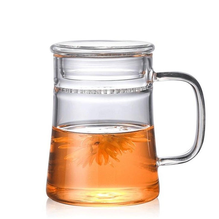可过滤品茶杯 加厚手工玻璃月杯牙杯 高硼硅带盖透明水杯 家用带把彩把茶杯1