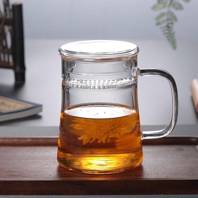 可过滤品茶杯 加厚手工玻璃月杯牙杯 高硼硅带盖透明水杯 家用带把彩把茶杯7