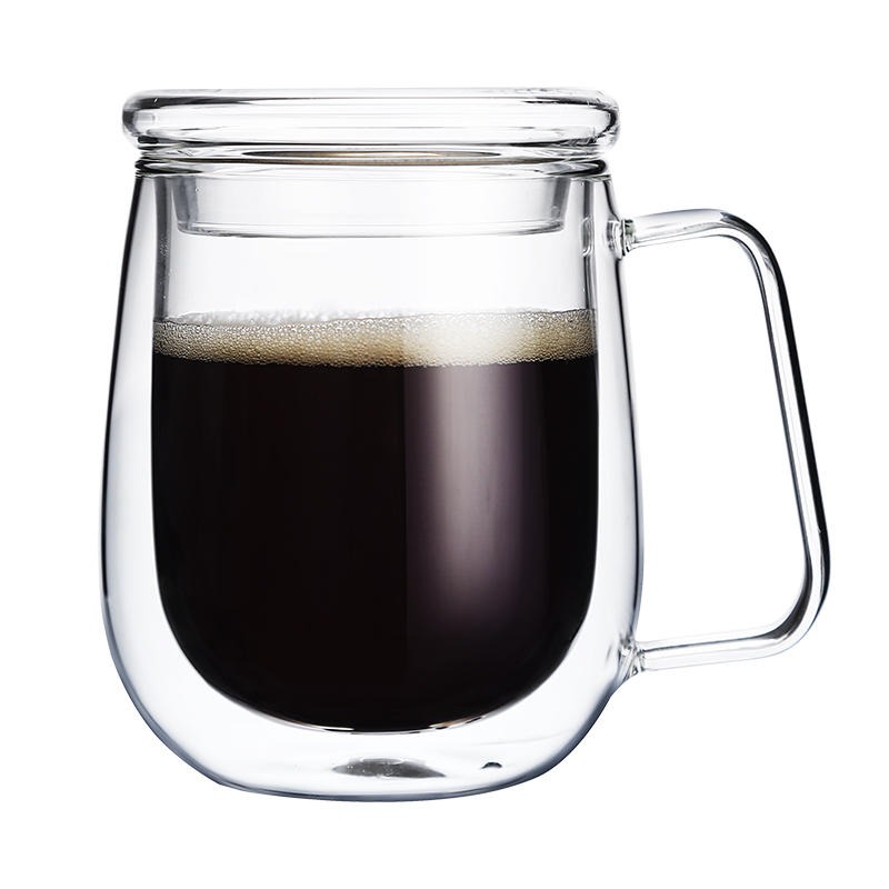 双层隔热咖啡杯透明耐热玻璃杯带把茶杯男女办公水杯带盖马克杯子3