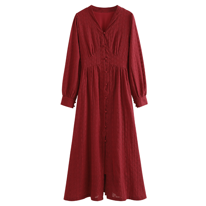2020新款春装红色蕾丝长袖法式复古连衣裙女高腰打底中长裙小红裙1