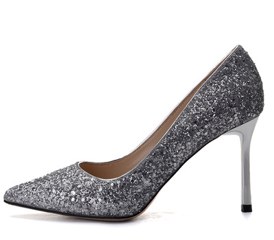 slatamocartey2018新款银色渐变亮片中跟单鞋性感新娘水晶婚鞋5