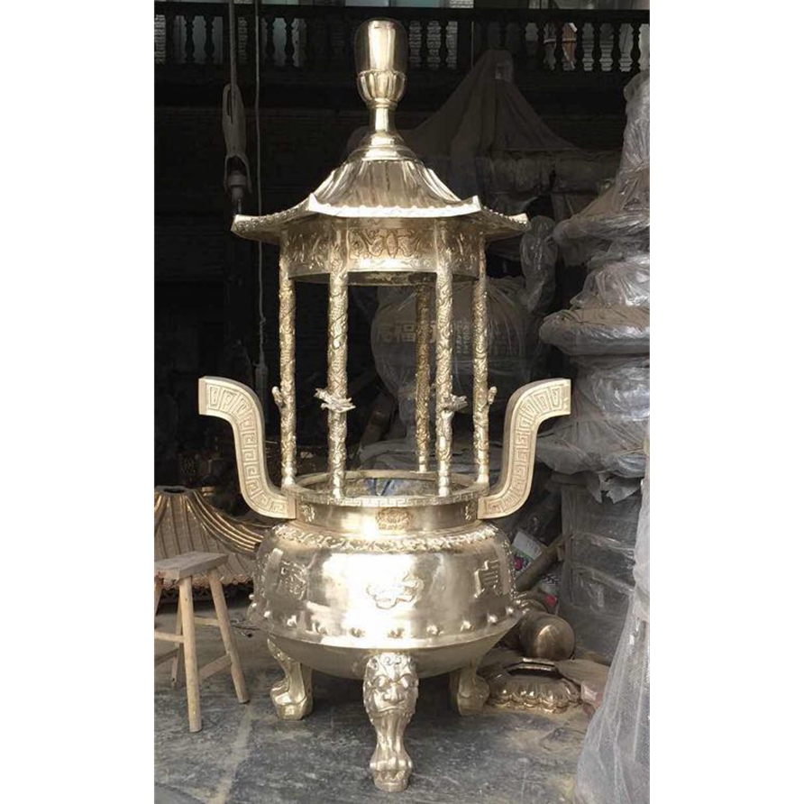 宗教法器、法物 户外大型铸铜圆形香炉圆形带盖龙柱铜香炉9