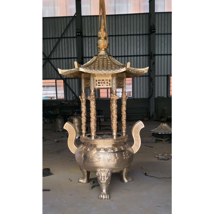 宗教法器、法物 户外大型铸铜圆形香炉圆形带盖龙柱铜香炉5