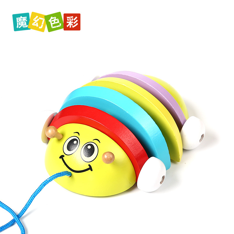 儿童婴幼儿益智木质玩具早教 学习类玩具拖拉瓢虫拉力动物玩具5