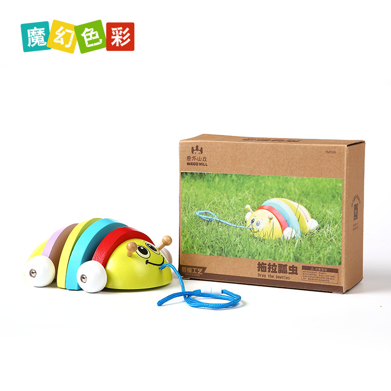 儿童婴幼儿益智木质玩具早教 学习类玩具拖拉瓢虫拉力动物玩具3