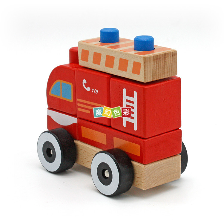 叠叠高拆卸玩具 红色消防车玩具木制迷你模型小车 厂家直销2