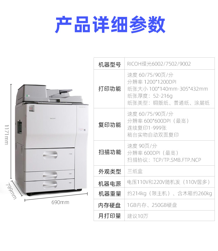 复扫描 a3激光打印 理光7502 复印机 办公多功能一体机4