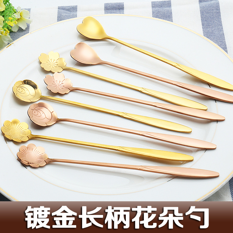 创意日式不锈钢勺子餐具搅拌勺可爱咖啡勺长柄搅拌匙樱花勺花朵勺