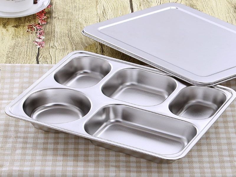 304不锈钢五格快餐盒无磁加厚快餐盘钢盖塑料盖保温方形饭盒